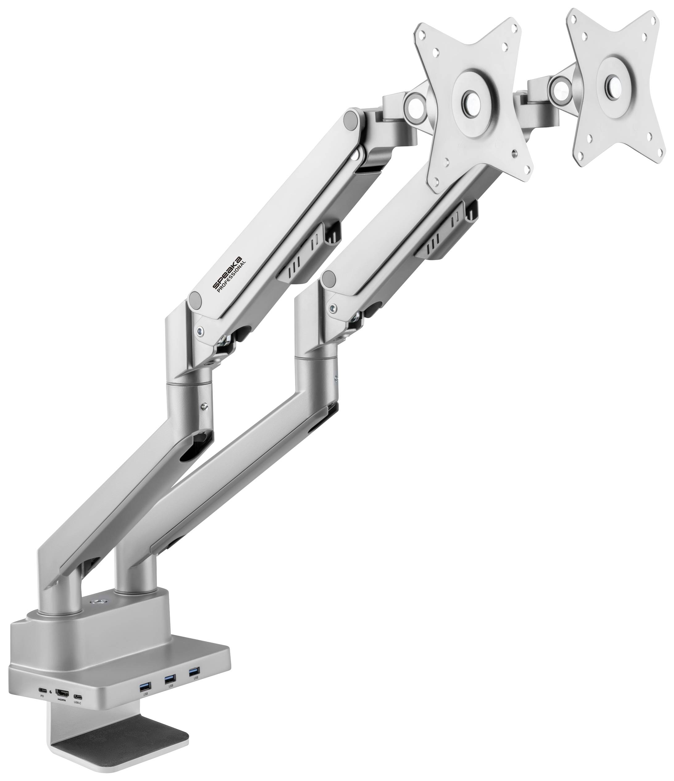 Height-adjustable dual monitor mount with flexible arm and USB ports at the base, suitable for desks.
