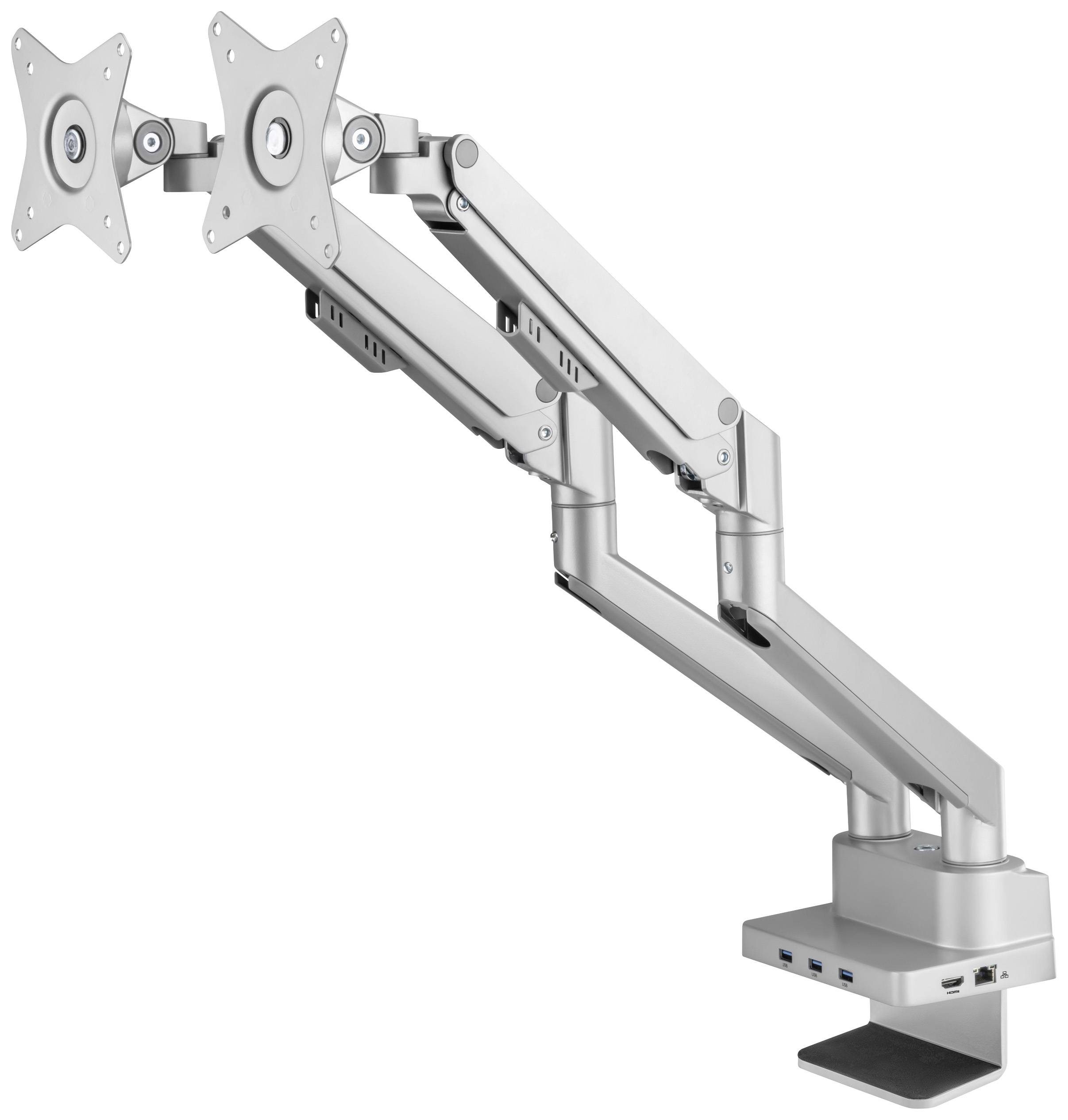 Two adjustable silver monitor arms for screens. They have a stable base and enable flexible positioning.