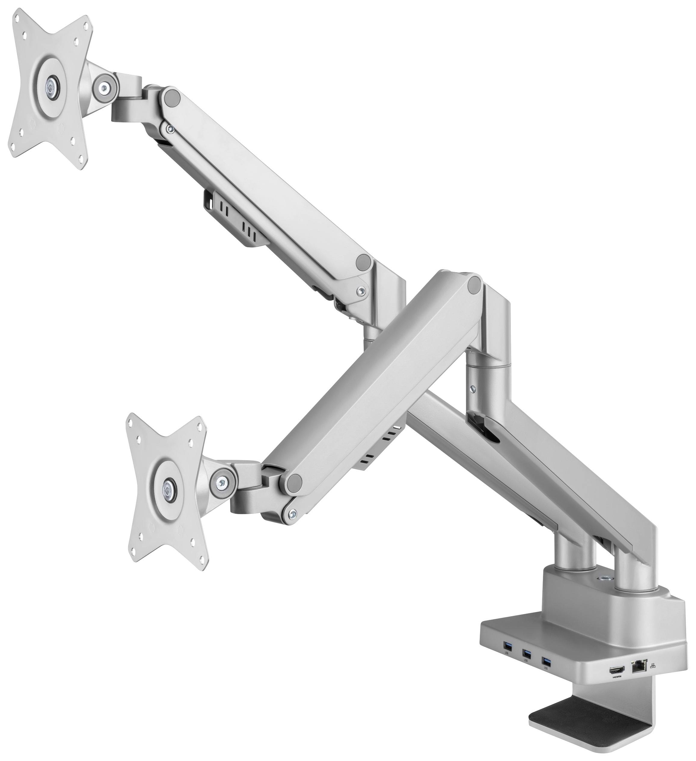Two-arm metal monitor stand for mounting on a desk. The arms are adjustable, allowing flexible positioning of monitors.