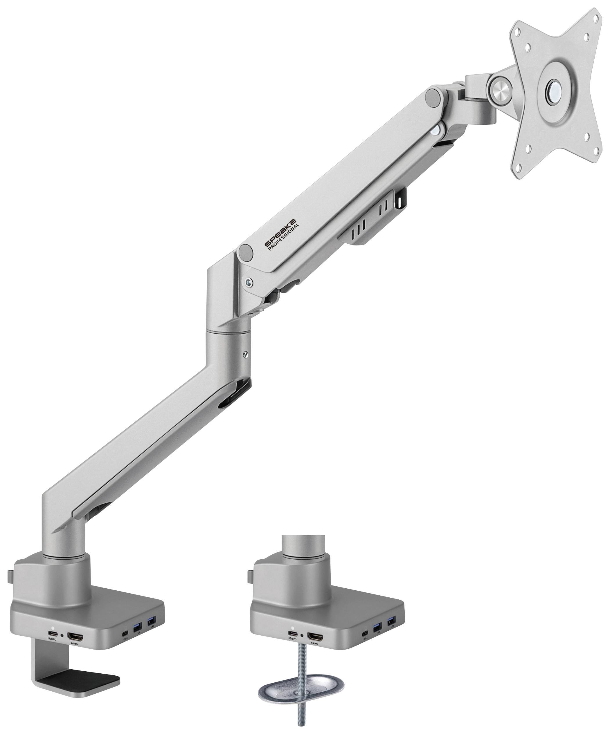 SpeaKa Professional SP-MM-600 1x Monitor desk mount 43,2 cm (17) - 81,3 cm (32) Pneumatic, Built-in docking station, Tiltable, Swivelling