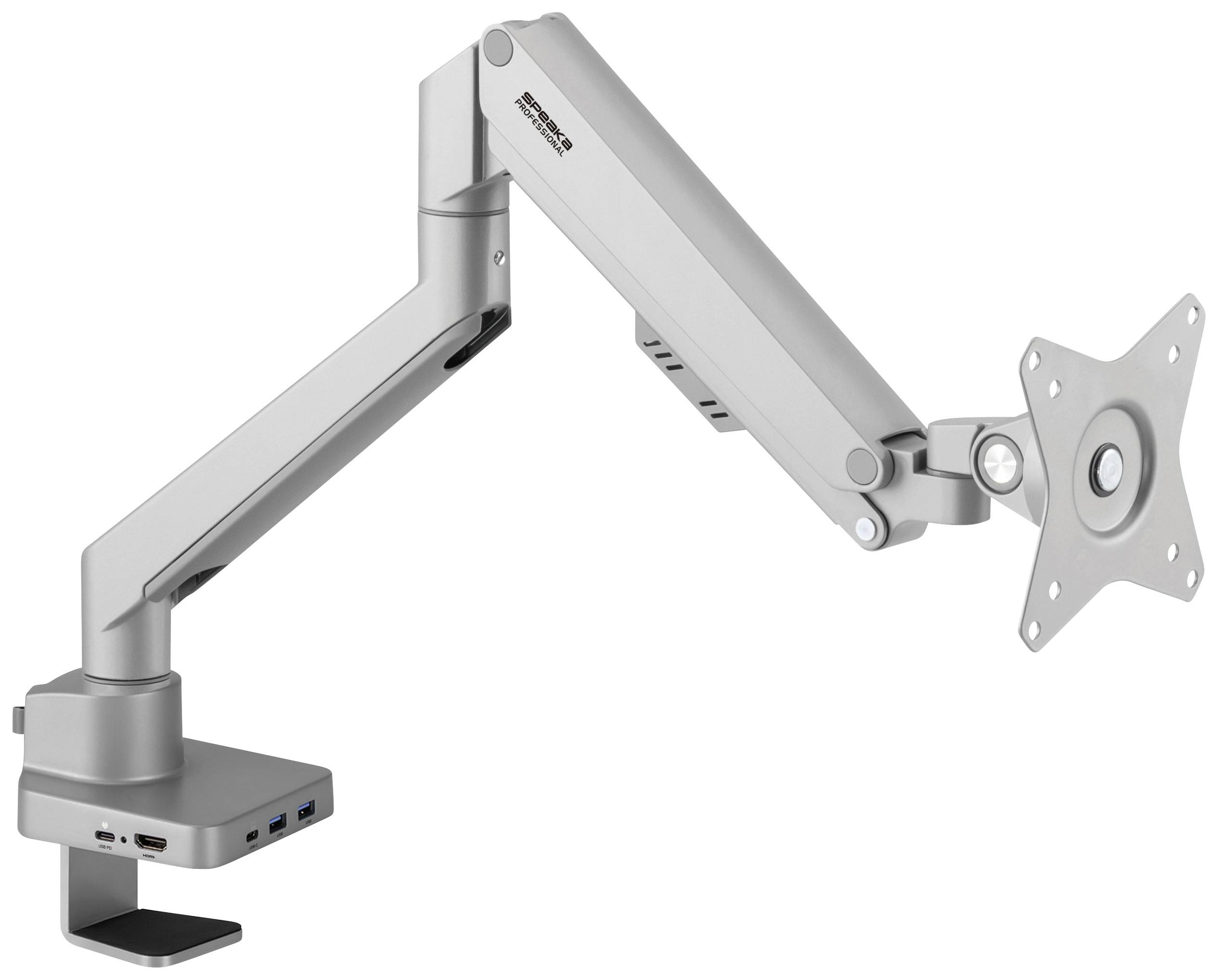 A ergonomic metal monitor arm with adjustable joint and multiple pivot points, suitable for various screen sizes.