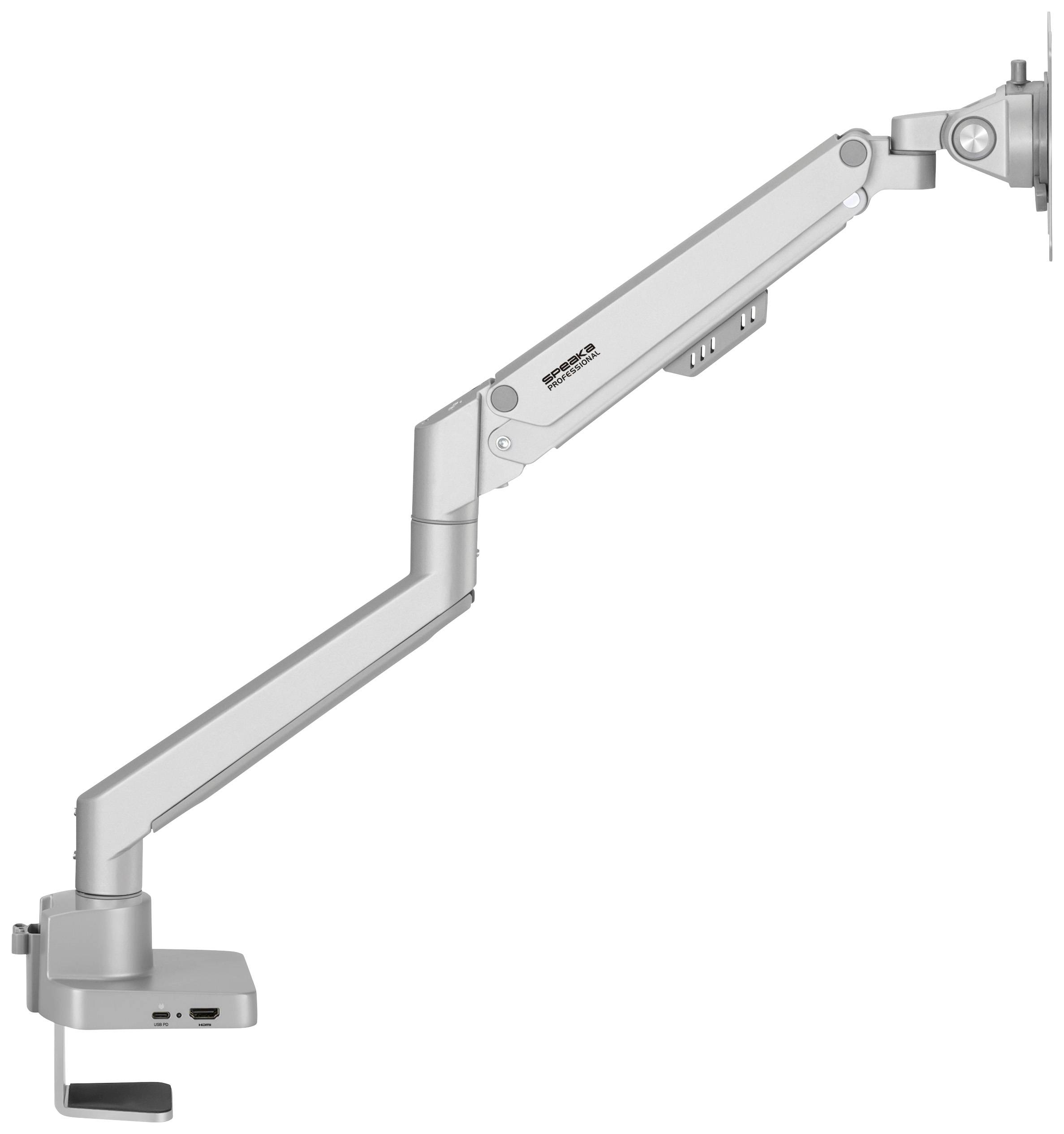 A silver monitor arm with joints for attaching a screen to a desk.