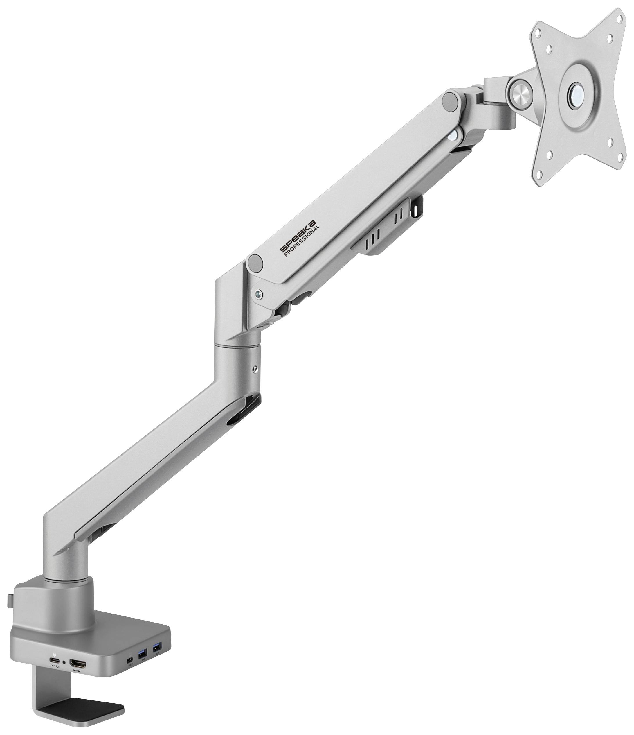 Height-adjustable metal monitor arm suitable for offices. Features USB ports and can be clamped to the desk edge.
