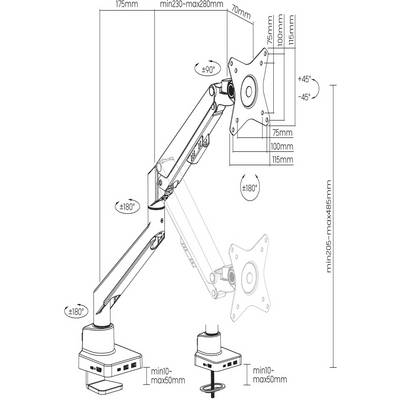 Diagram of a monitor arm with dimensions: Height 295-485 mm, Extension 230-280 mm, Tilt ±45°, Swivel Range ±180°.