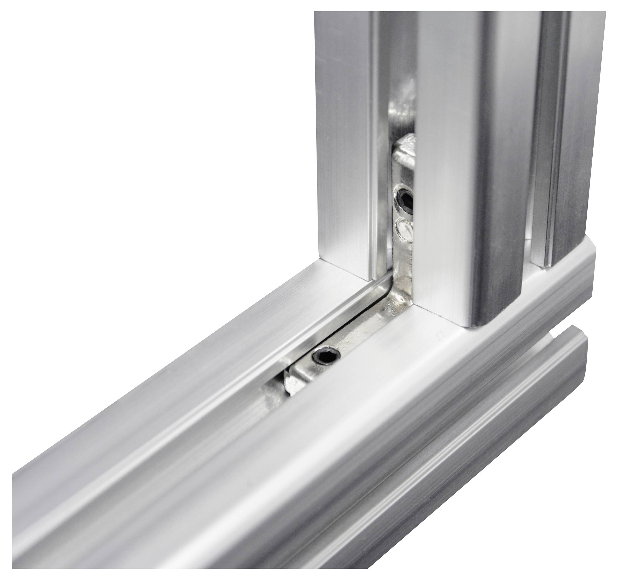An aluminium profile corner joint, connected by an internal screw, ideal for robust industrial frame or furniture constructions.