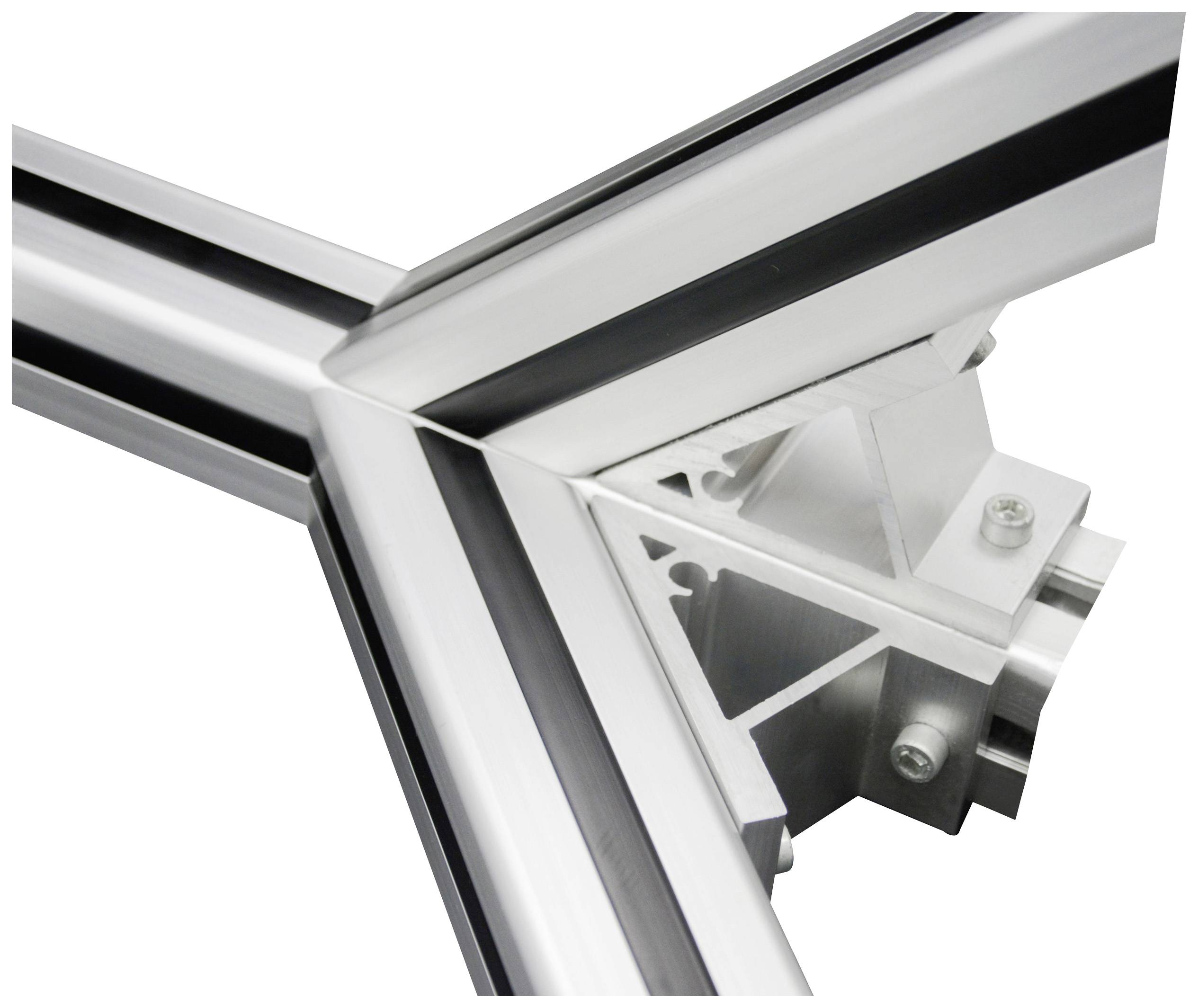 A silver aluminium frame connection, depicted in a T-section format. The structure shows fixing parts and screws.