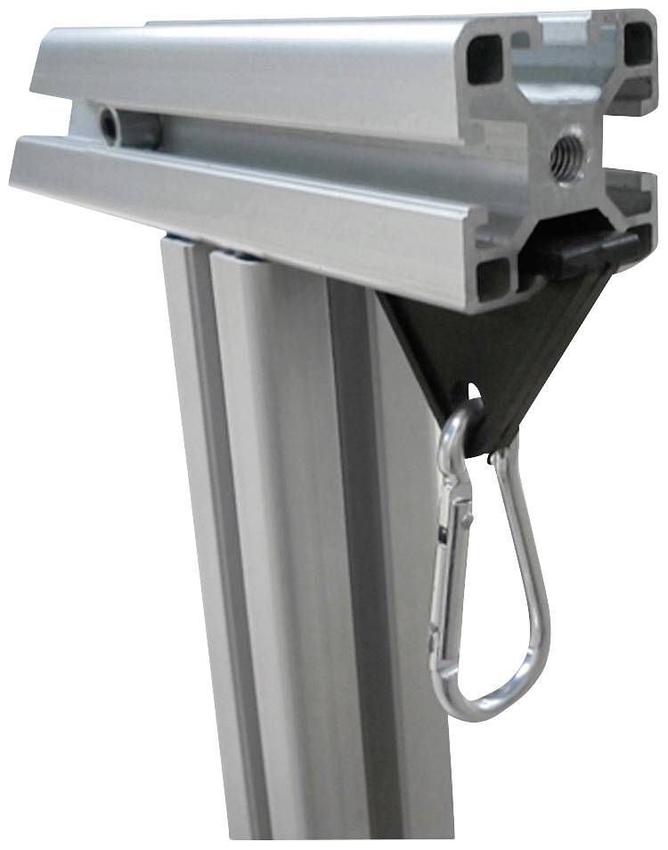 Metallic aluminium fixing construction with a hook on a mounting bracket, potentially for industrial applications.