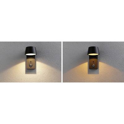 Two modern, black exterior wall lights on a wall, casting bright, warm light downwards. Suitable for stylish outdoor lighting.