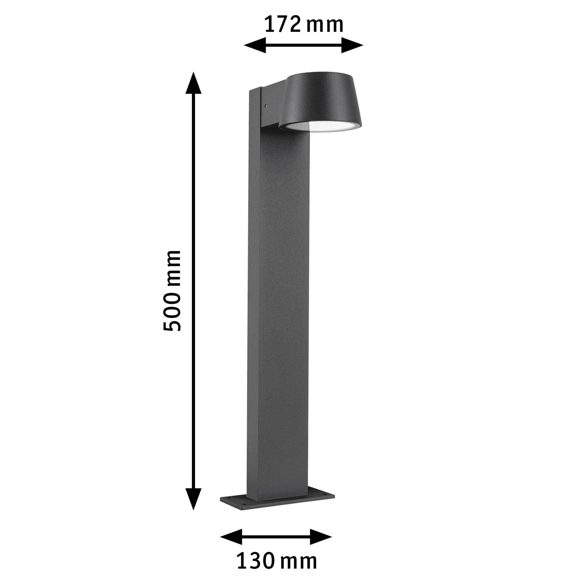 A black outdoor lamp in a modern, straight design, 500 mm high, 130 mm wide, with dimensions of 172 mm for the lampshade.