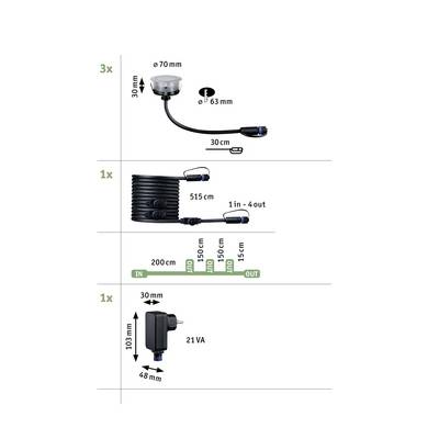 'LED light set with connection transformer. Includes 3 lights, each with 70mm diameter and 30mm height, along with a 1-in-4-out splitter, cables and transformer.'