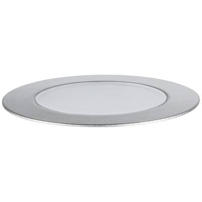 A round, flat LED recessed spotlight with a silver border and white centre, suitable for ceiling mounting in interior spaces.