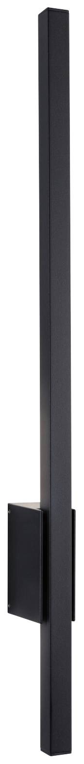 'Black, vertical external wall light with rectangular mounting bracket, modern design, suitable for minimalist architecture.'
