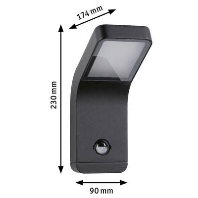 Black LED outdoor light with motion sensor. Dimensions: Height 230 mm, Depth 174 mm, Width 90 mm. Ideal for wall mounting.