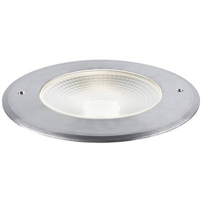 A round, silver recessed ground light with textured glass in the centre, suitable for exterior lighting.