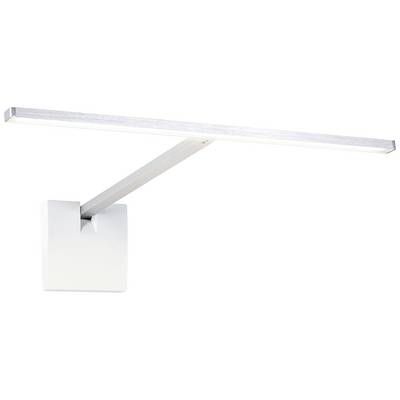 A contemporary wall light with a rectangular illuminating body made of silver-coloured metal. It is connected to the wall mounting by an angled arm.