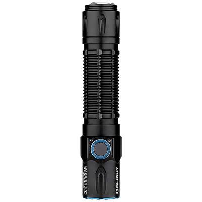 Black tactical torch with a ribbed handle and multiple mode switches, suitable for outdoor and emergency use.