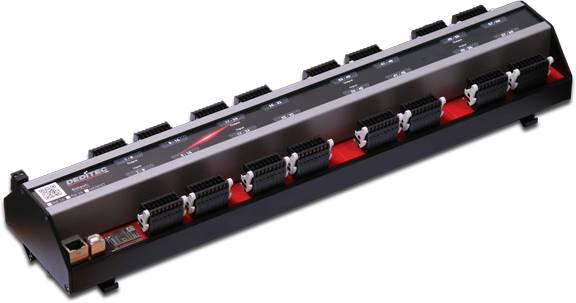 A rectangular power distributor with several black connectors arranged in two rows. The manufacturer's name is visible at the top.