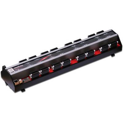 A black electronic distributor with multiple connection slots, used for cable organisation and distribution.