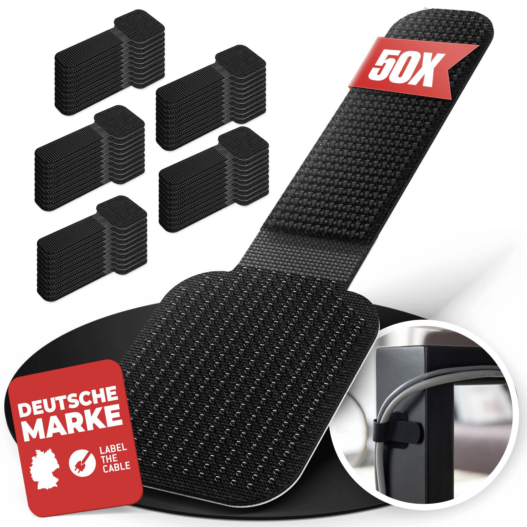 Black adhesive cable ties and large reusable straps for organizing cords, labeled '50X' and 'DEUTSCHE MARKE', shown with a monitor cable in use.
