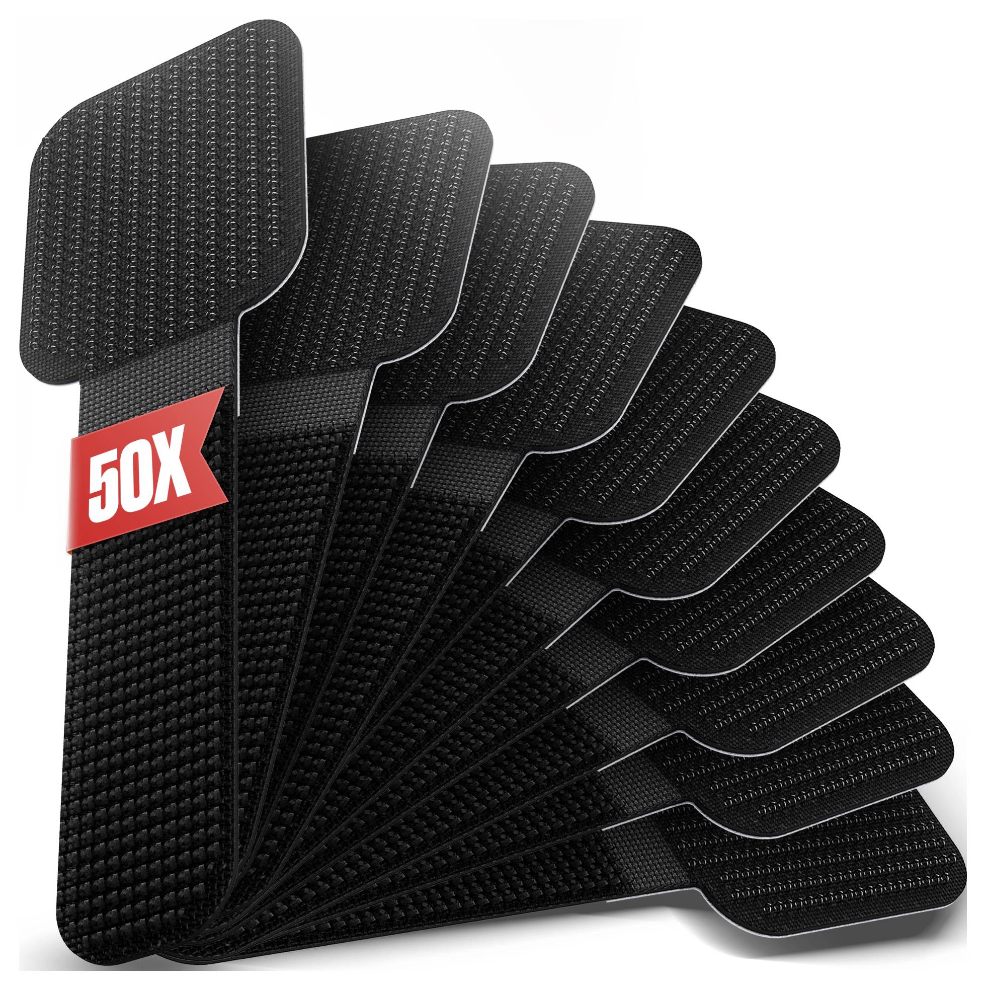 Stack of black textured adhesive straps or pads fanned out, with a red '50X' label indicating a 50-pack.<br>