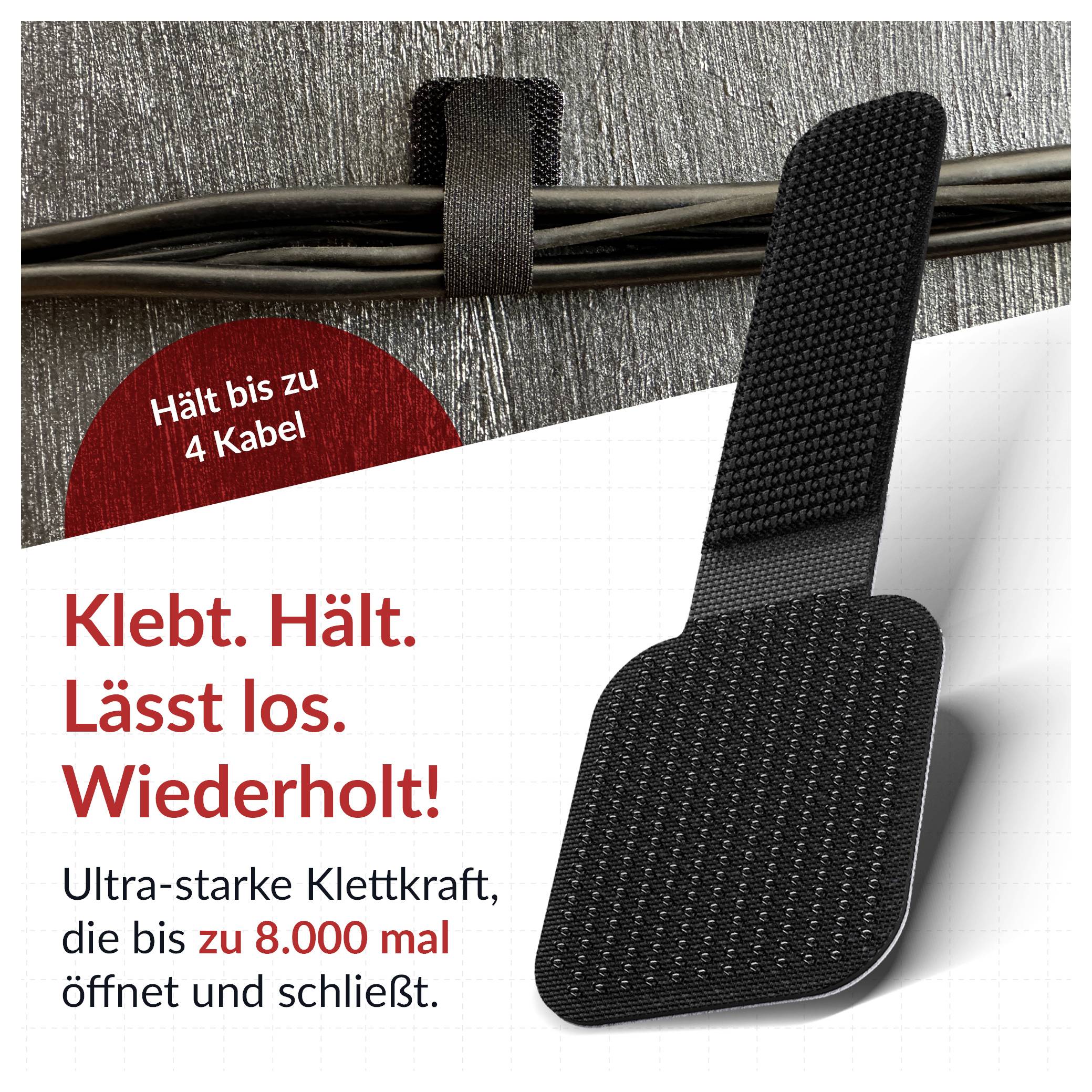Black adhesive cable organizer holds up to four cables; German ad says 'Klebt. Hält. Lässt los. Wiederholt!' and 'up to 8,000 uses.'<br>