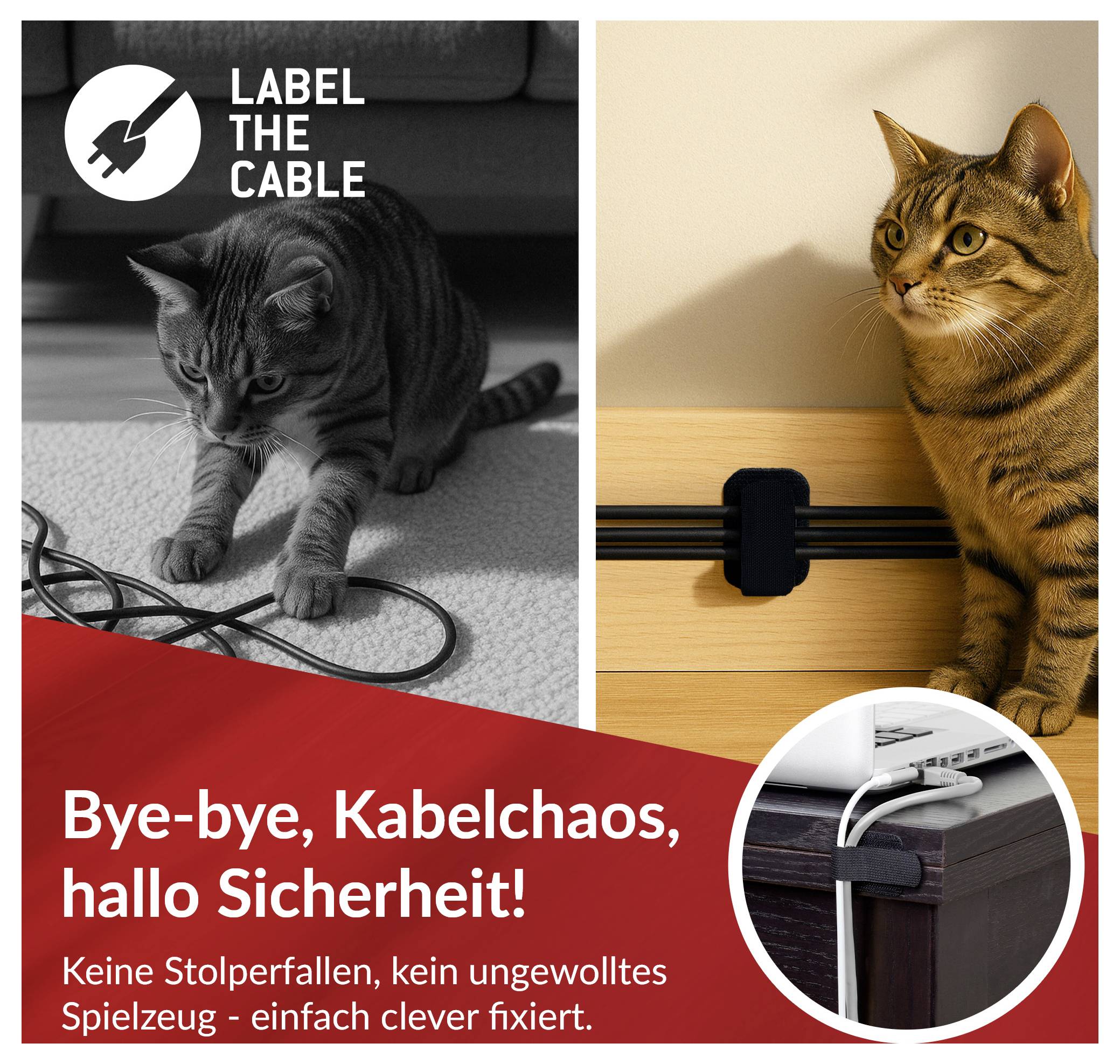 Advertisement for cable labels and clips: a cat near loose cords contrasted with a cable neatly secured; text says 'LABEL THE CABLE' and 'Bye-bye, Kabelchaos, hallo Sicherheit!'<br>