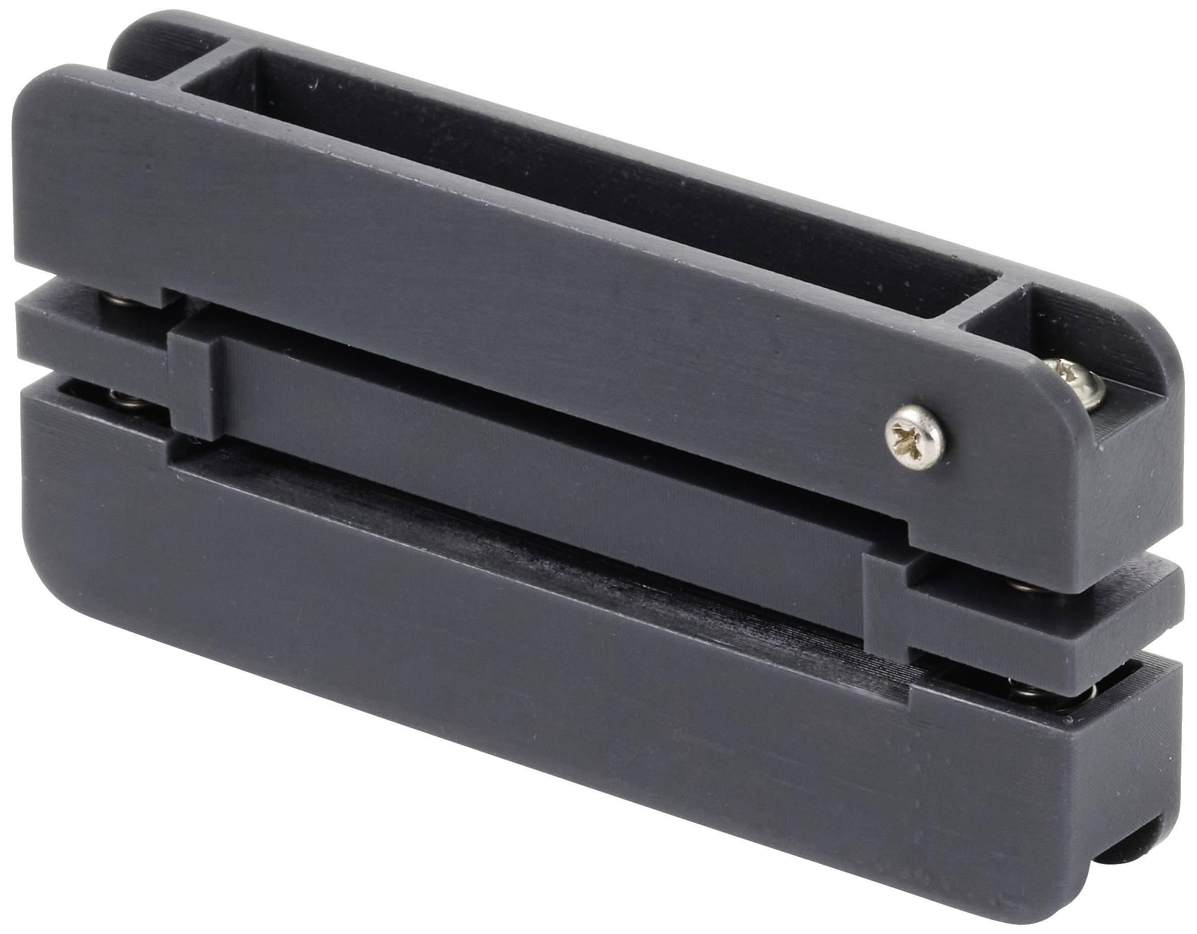 A black magnetic holder with a rectangular shape and two screws, used for mounting or securing magnetic objects.