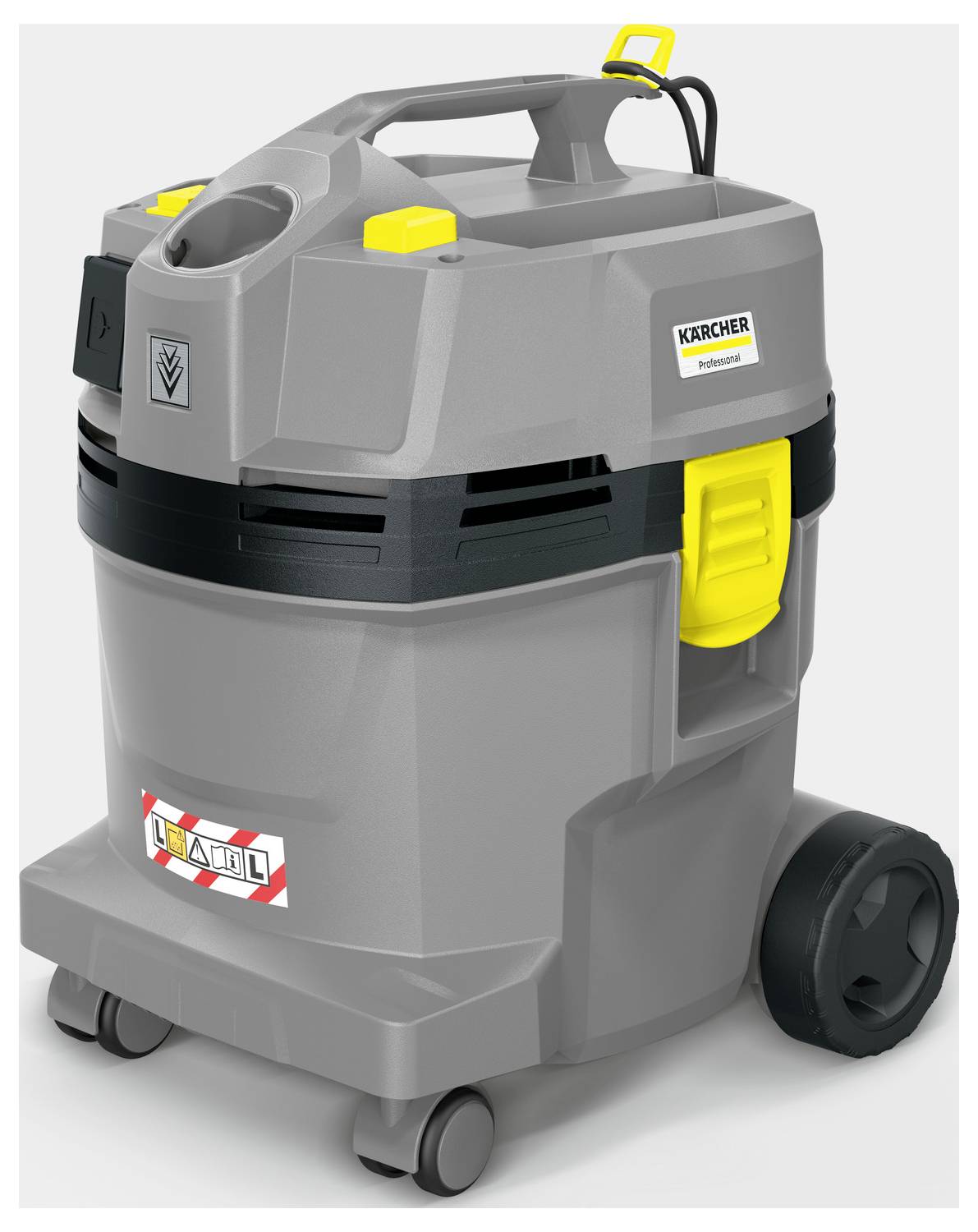 'A Kärcher industrial vacuum cleaner with a grey and yellow design, large wheels, and a sturdy handle, suitable for heavy-duty cleaning.'