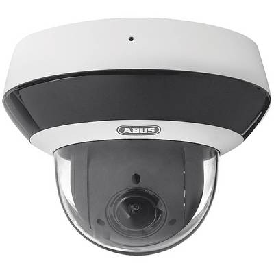 Black and white dome security camera, with the 'ABUS' logo on the front. It has been installed for security purposes.
