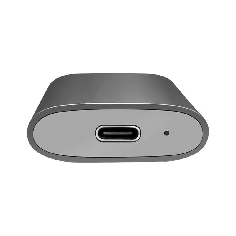 A USB-C charging adapter with an oval shape and a single port, encased in a silver housing.