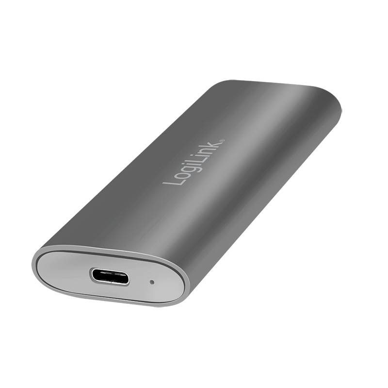 External SSD with USB-C connection in a grey enclosure, brand 'LogiLink'. Ideal for rapid data transfer and high storage capacity.
