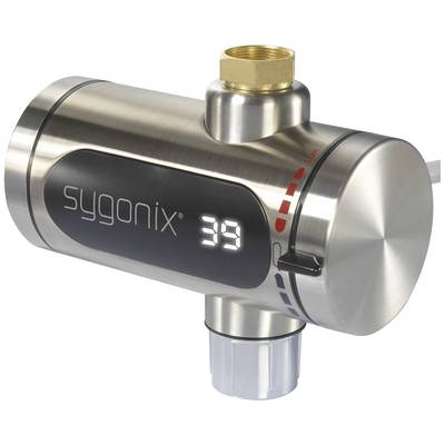 Electronic instantaneous water heater with digital display, showing '39'. Stainless steel casing, ideal for real-time water temperature display.