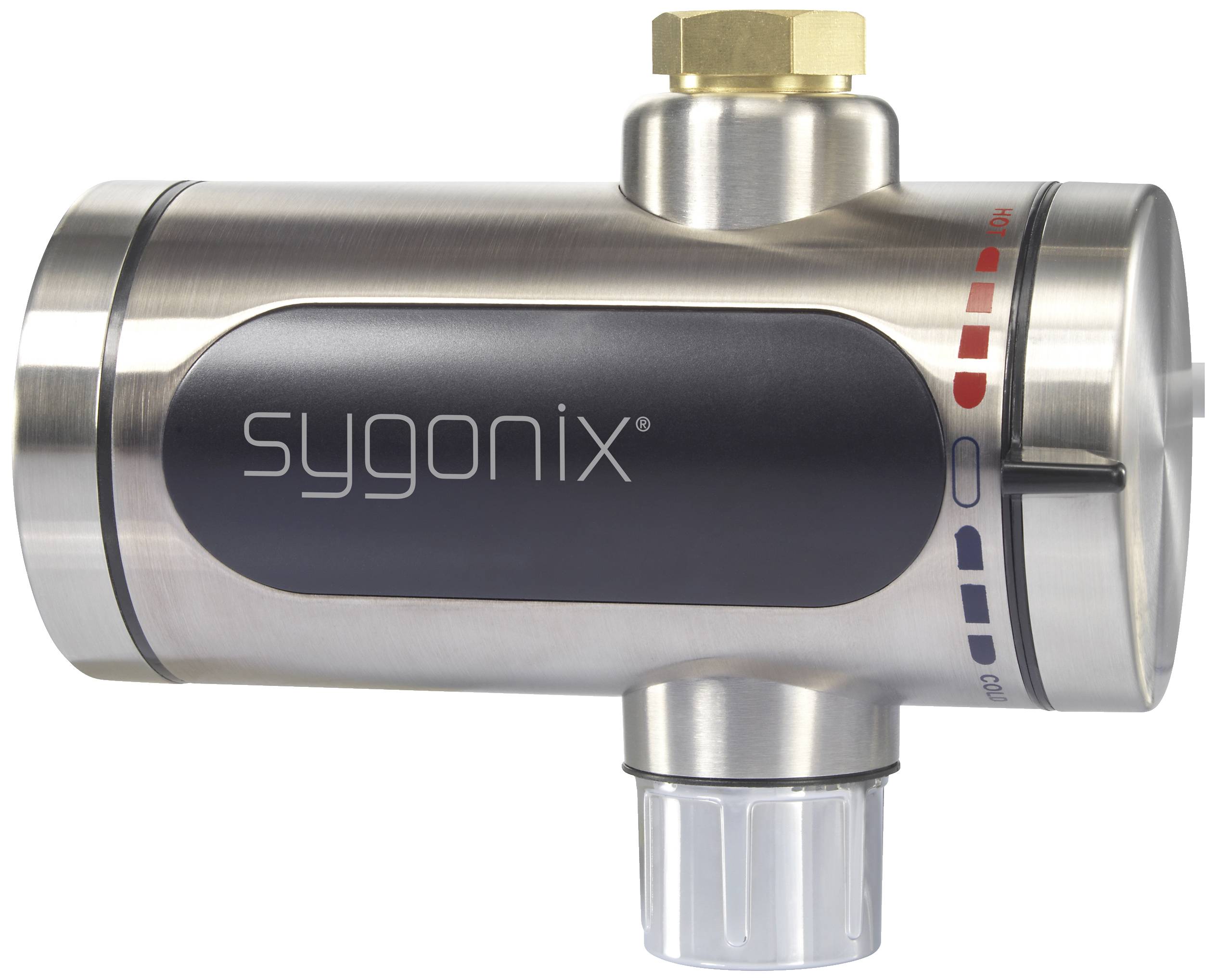 Metal radiator valve with digital display, brand name 'sygonix' visible. One connection at the top, a rotary knob at the bottom.