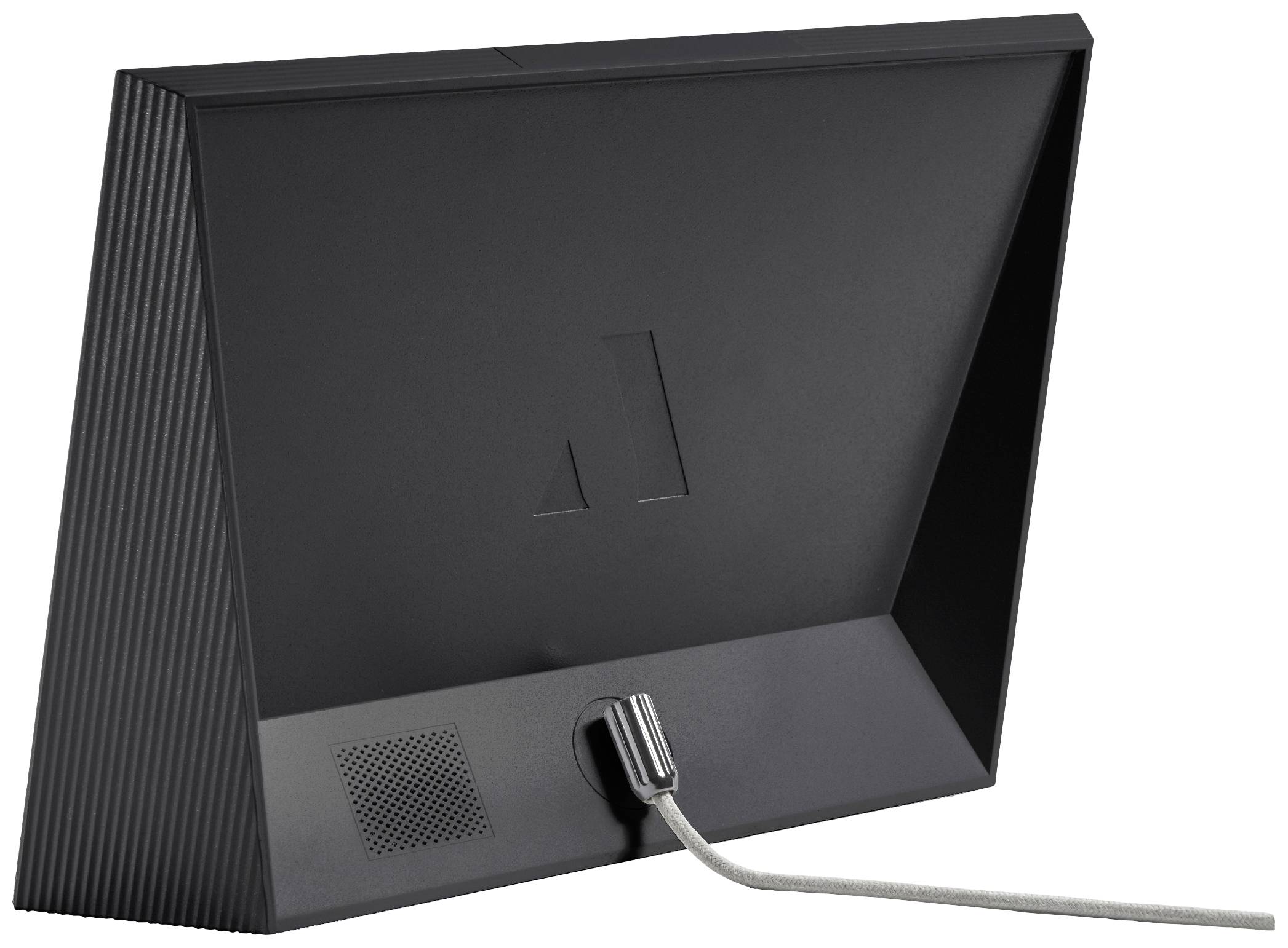 A black digital photo frame from behind, showing the rear view with texture, power cable, and brand logo.
