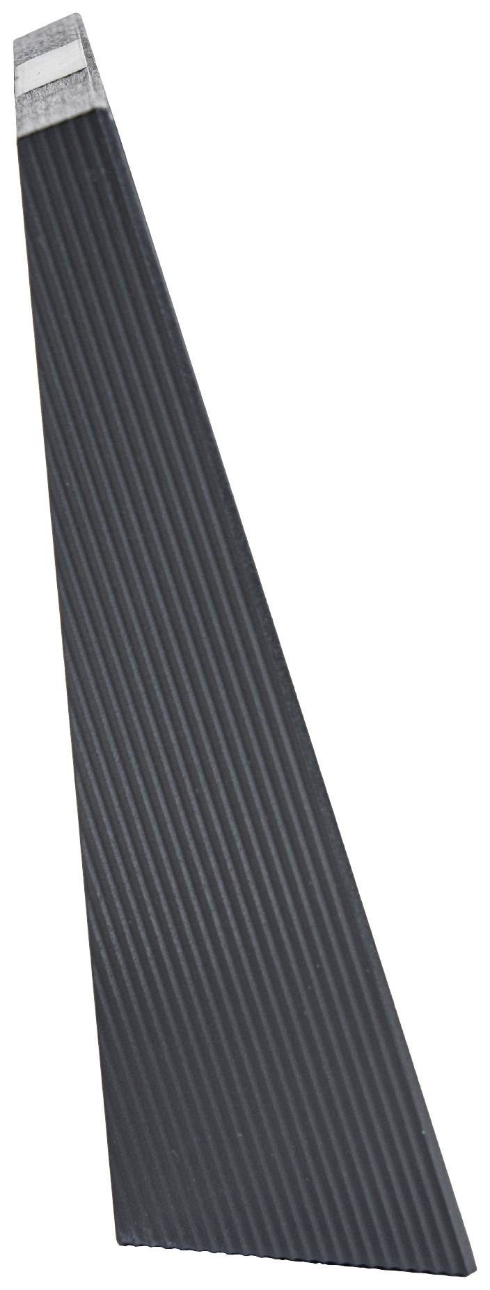 A jagged black object in the shape of a long, pointed triangular blade with a silver band at the narrower tip.