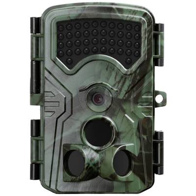 A green, camouflaged wildlife camera with two sensors and a lens in the centre. It is used for monitoring animals.