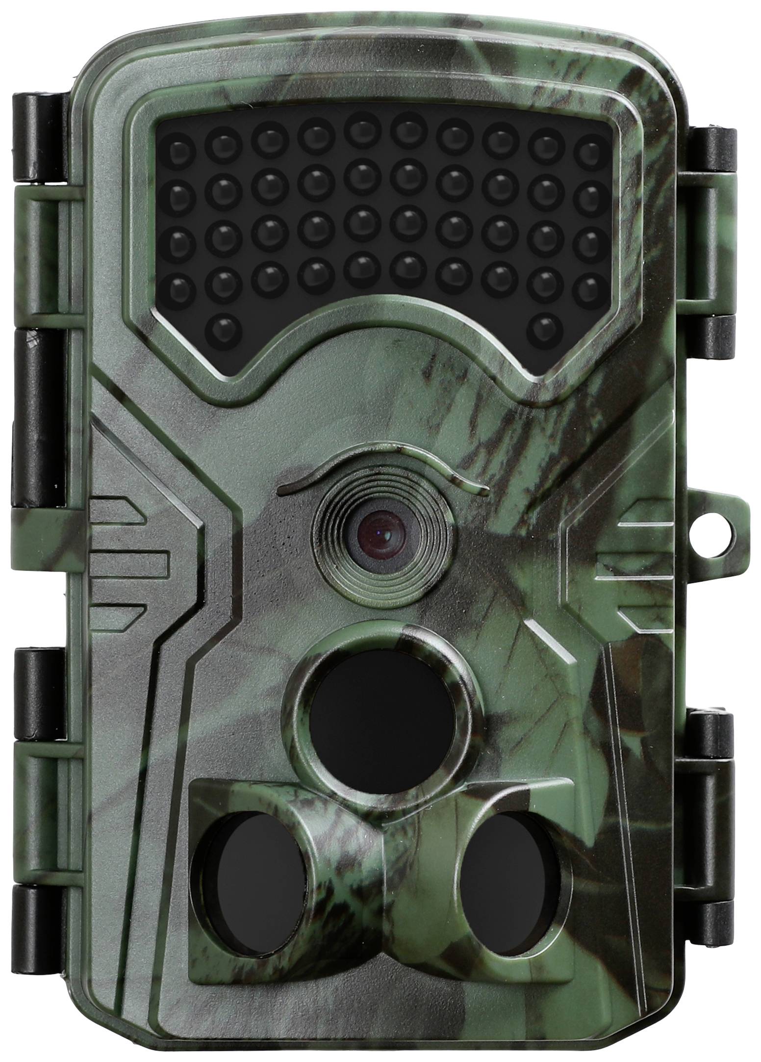A camouflage wildlife camera with infrared sensors and a lens at the front, suitable for monitoring animals in the wild.