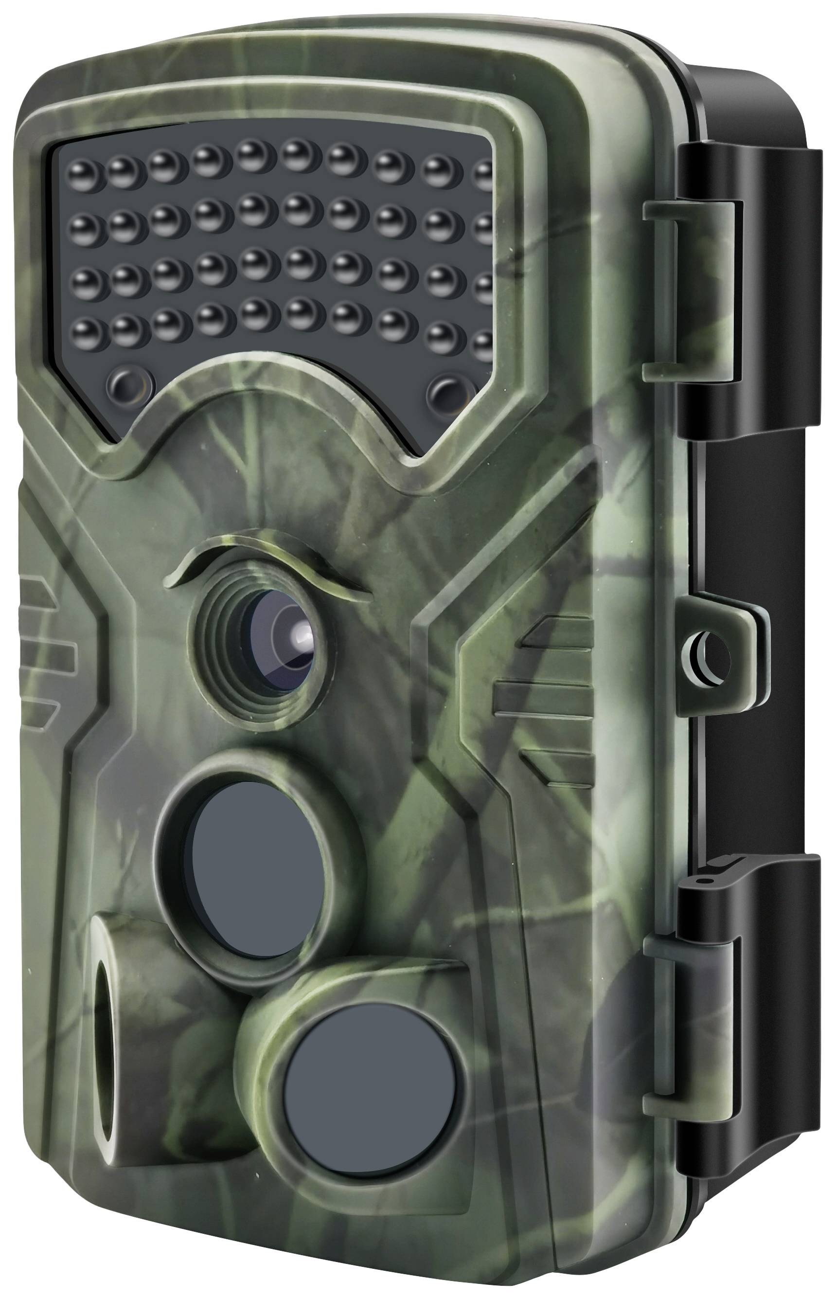 Wildlife camera in camouflage pattern with multiple sensors and a lens at the front. Used for monitoring animals in the wild.