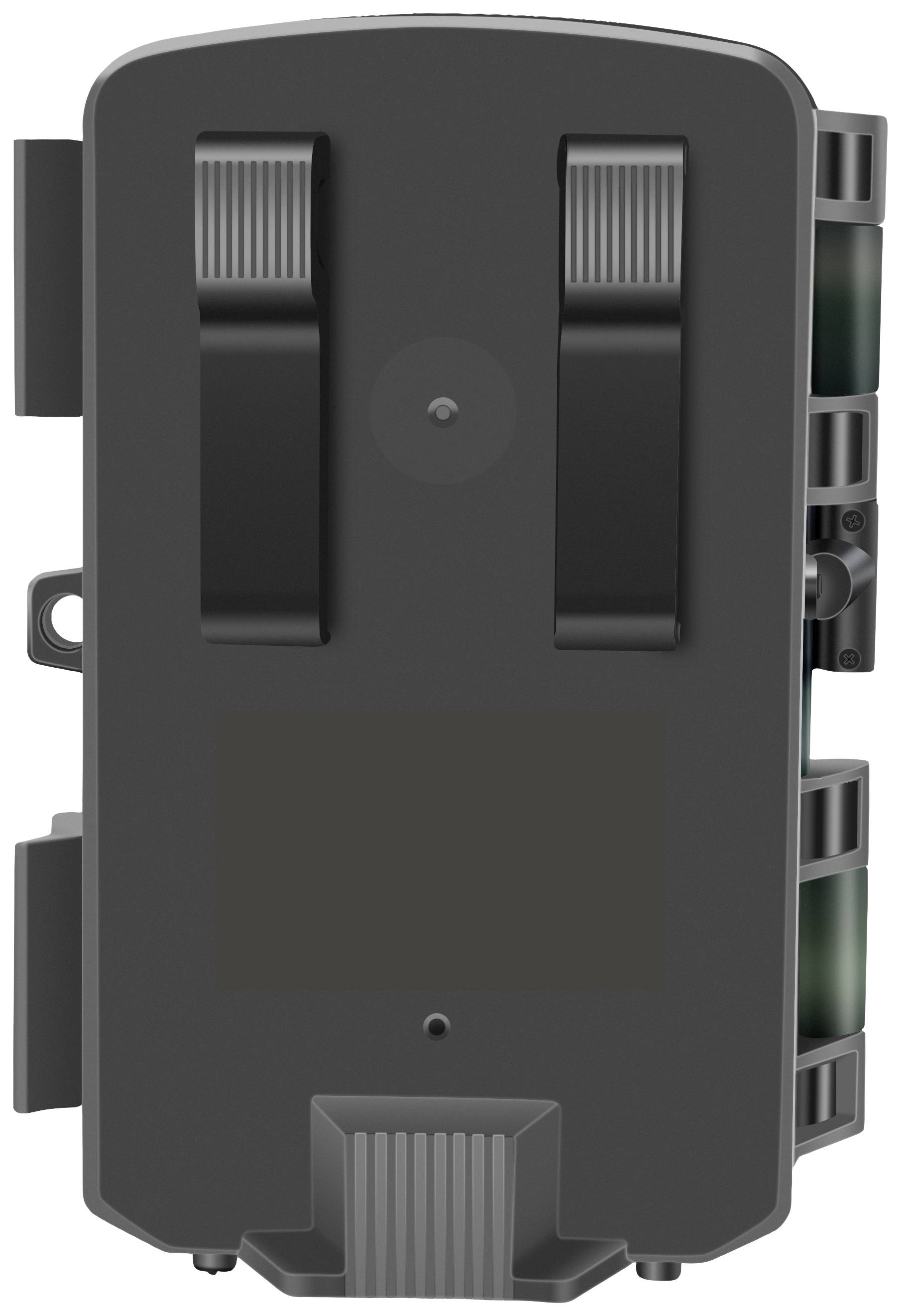 A black outdoor camera with infrared sensors and mounting clips on the back. Ideal for monitoring wildlife.