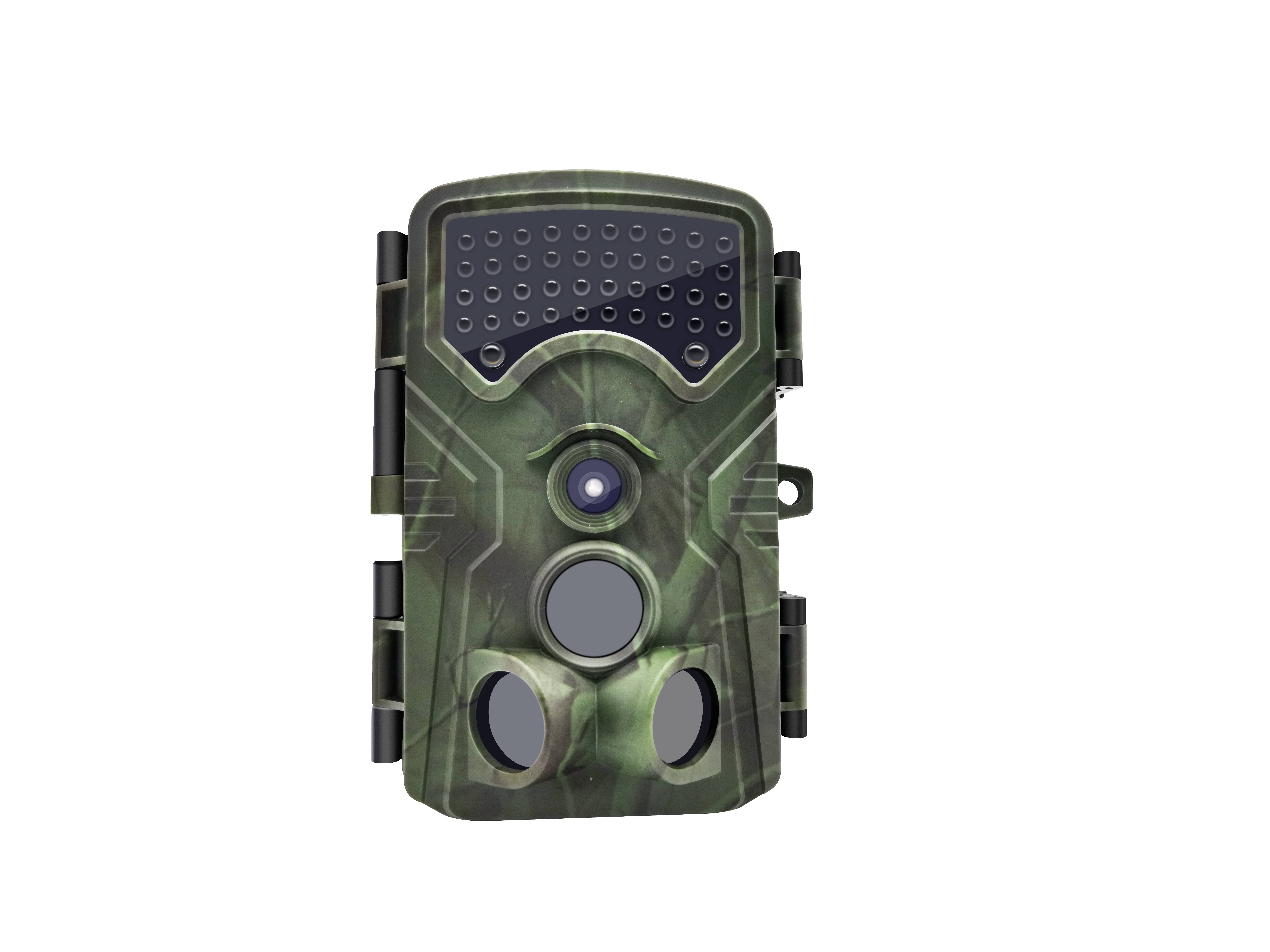 Wildlife camera in camouflage colours with multiple lenses and sensors, suitable for outdoor surveillance and wildlife monitoring.