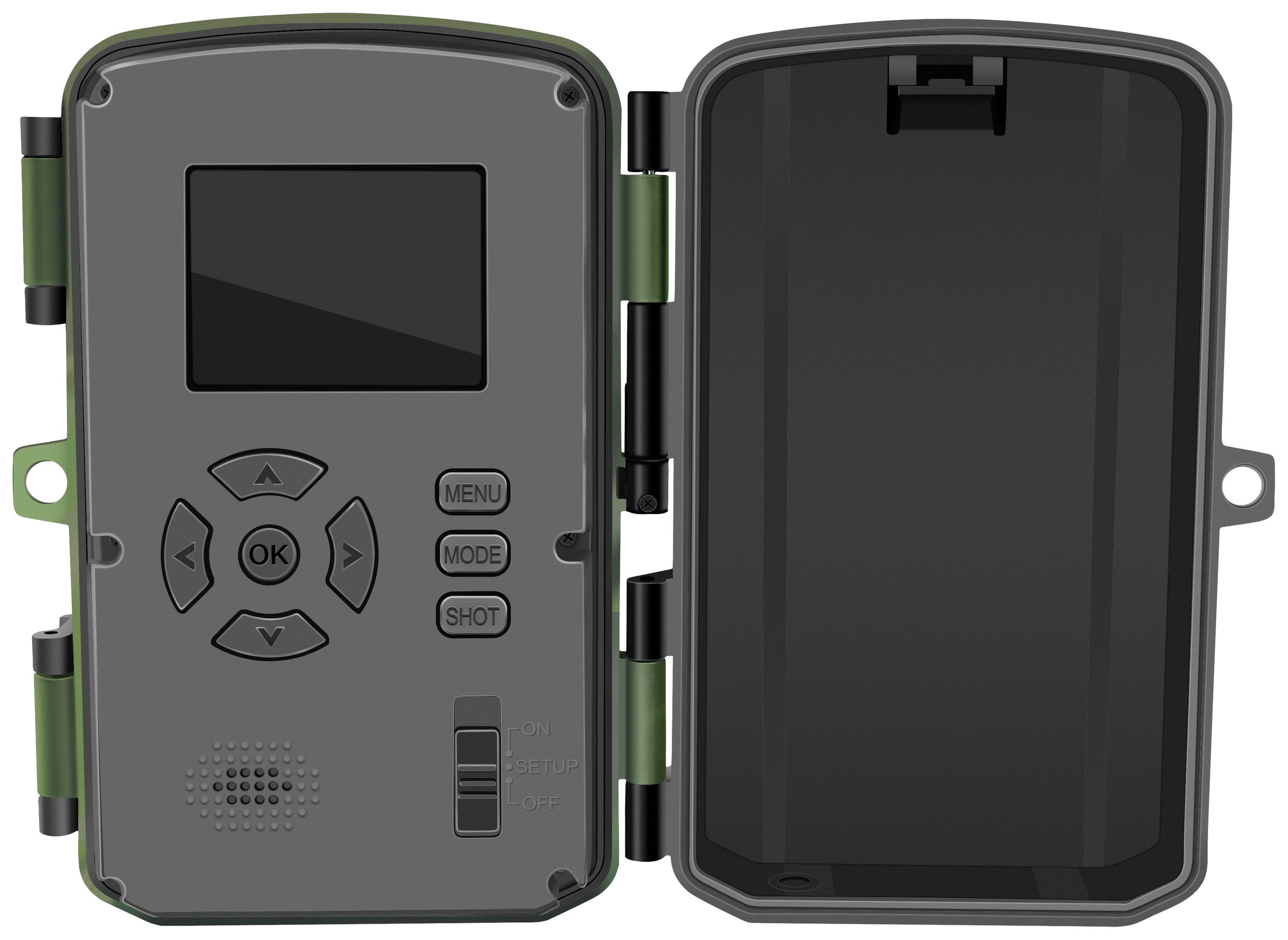 A digital camera device with an open casing. It displays a screen, function buttons, and a battery compartment switch.