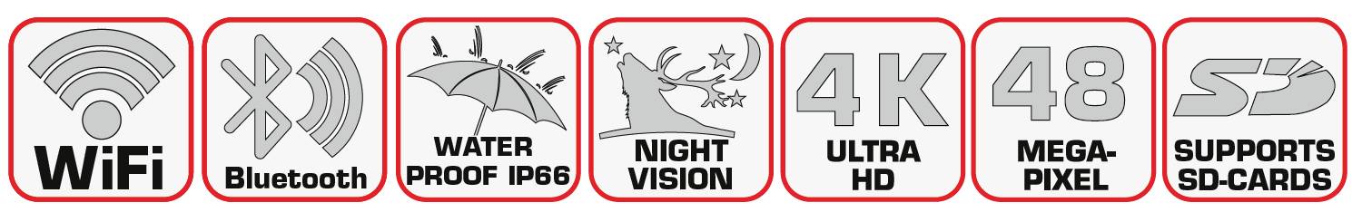 Icons for functions: 'Wi-Fi', 'Bluetooth', 'Waterproof IP66', 'Night Vision', '4K Ultra HD', '48 Megapixel', 'Supports SD Cards'.