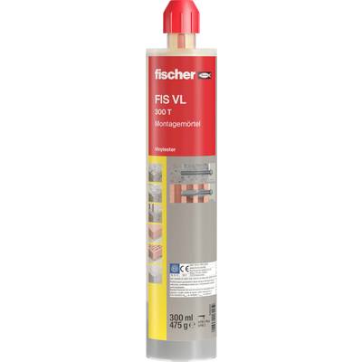 Red Fischer FIS VL 300 T injection mortar cartridge, 300 ml/475 g, with yellow label and gray nozzle cap.