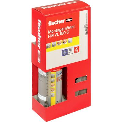 Red Fischer carton for 'Montagemörtel FIS VL 150 C' with a visible gray adhesive cartridge inside the display cutout.