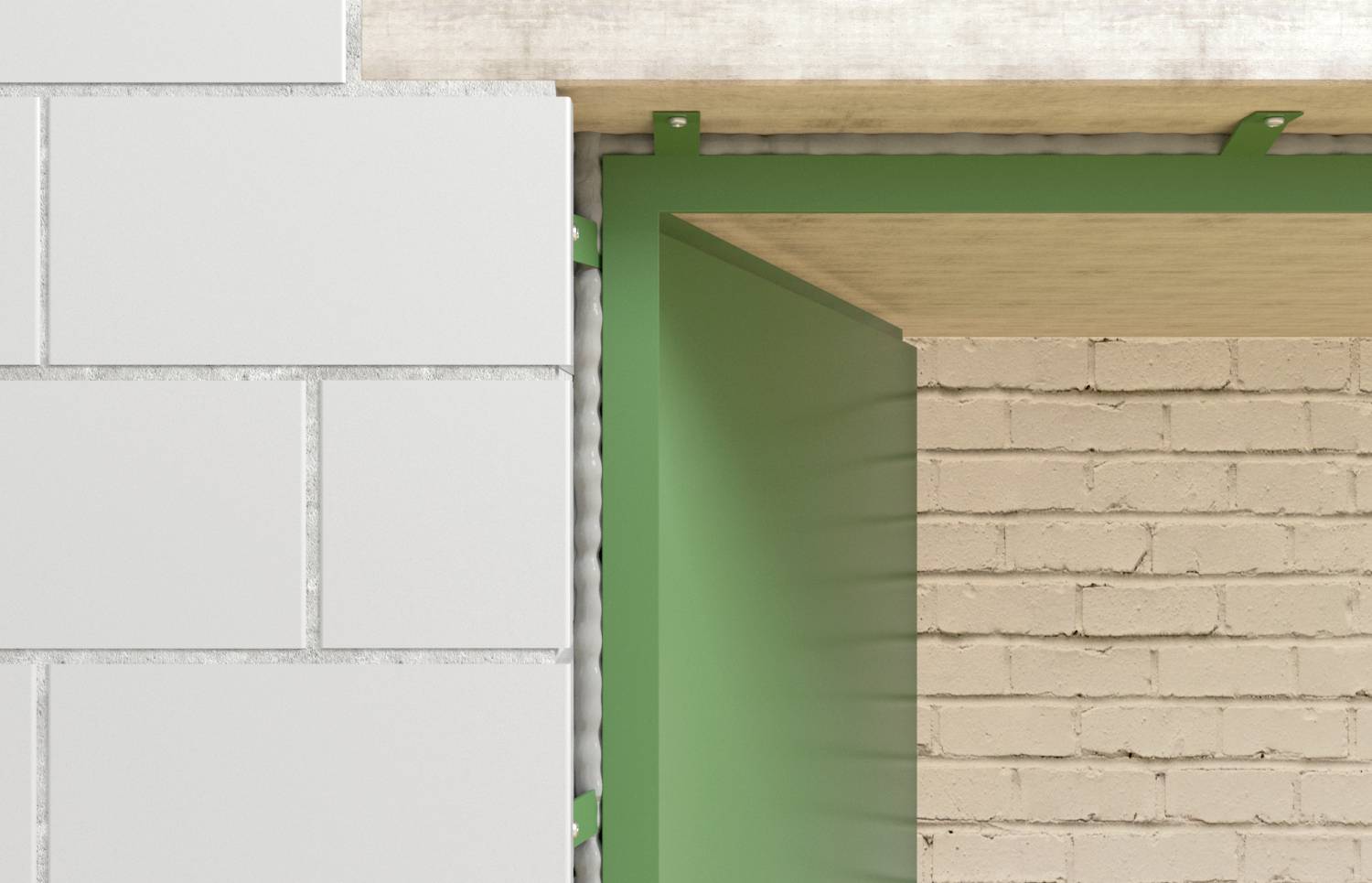 Several stacked red bricks, beneath a green wall with three round ventilation holes. In the background, a blue sky with clouds.