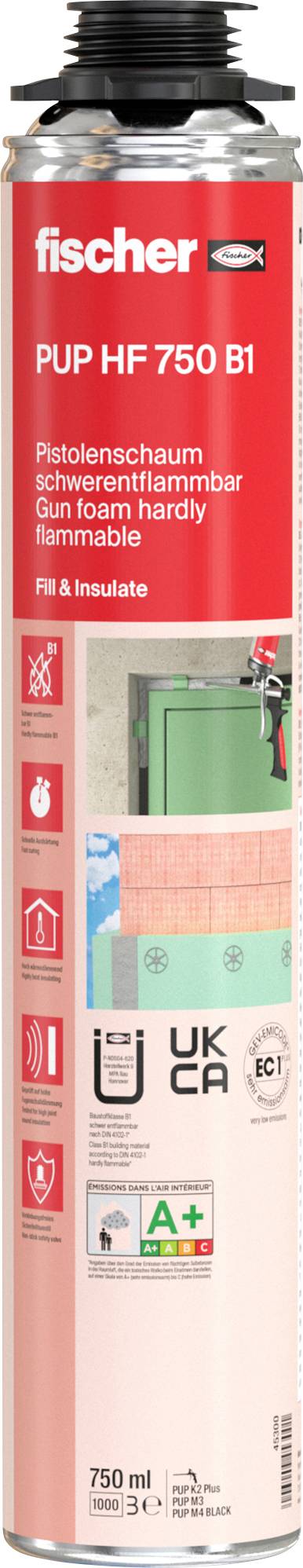 Red canister of 'fischer PUP HF 750 B1'. Contains foam for filling and insulating. Labels show fire safety ratings and environmental certifications.