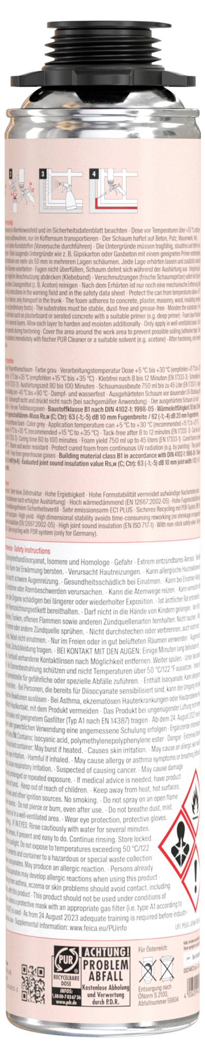 'A bottle displaying product information and safety warnings in multiple languages. The bottom features hazard symbols and recycling logos.'