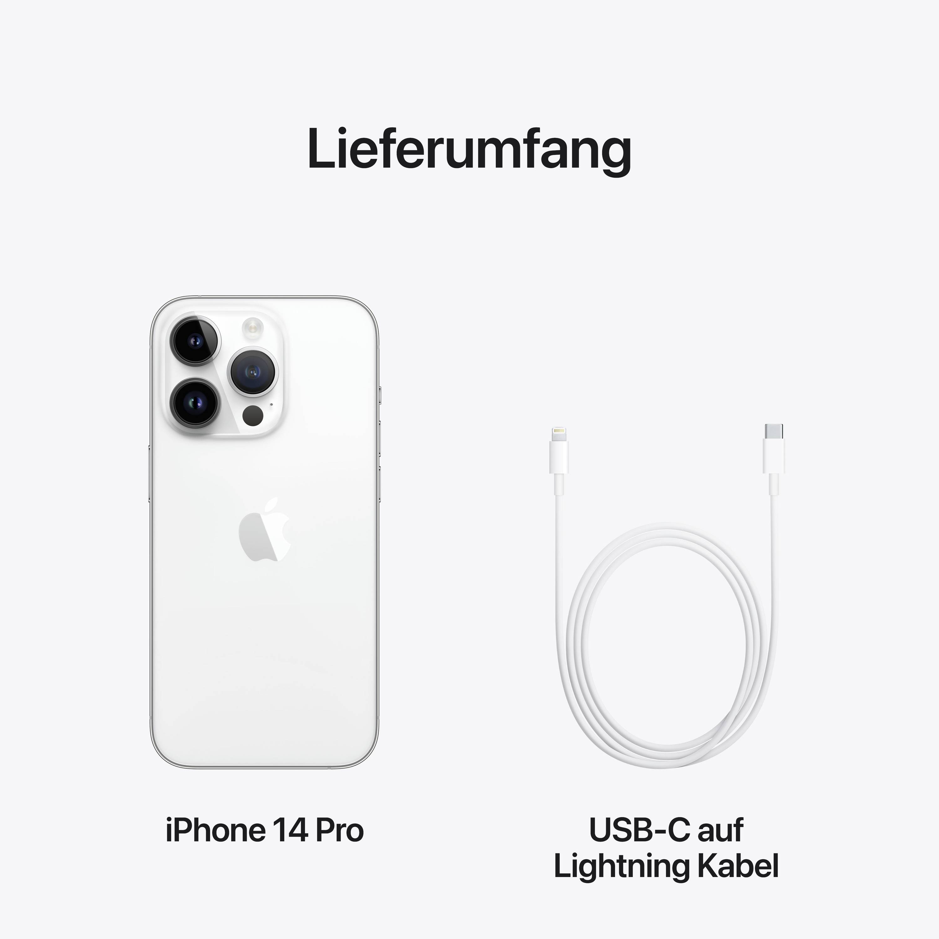 Contents of an iPhone 14 Pro: The smartphone in silver and a USB-C to Lightning cable.