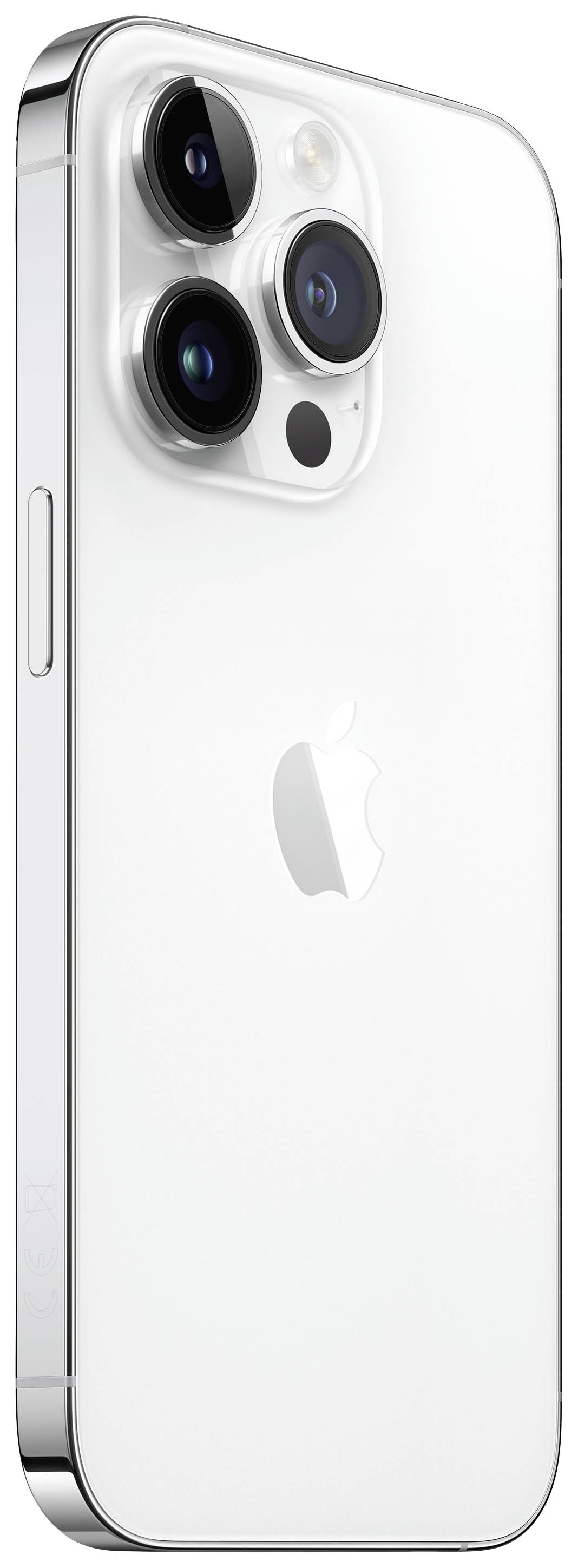 A modern smartphone in silver with three camera lenses on the back.