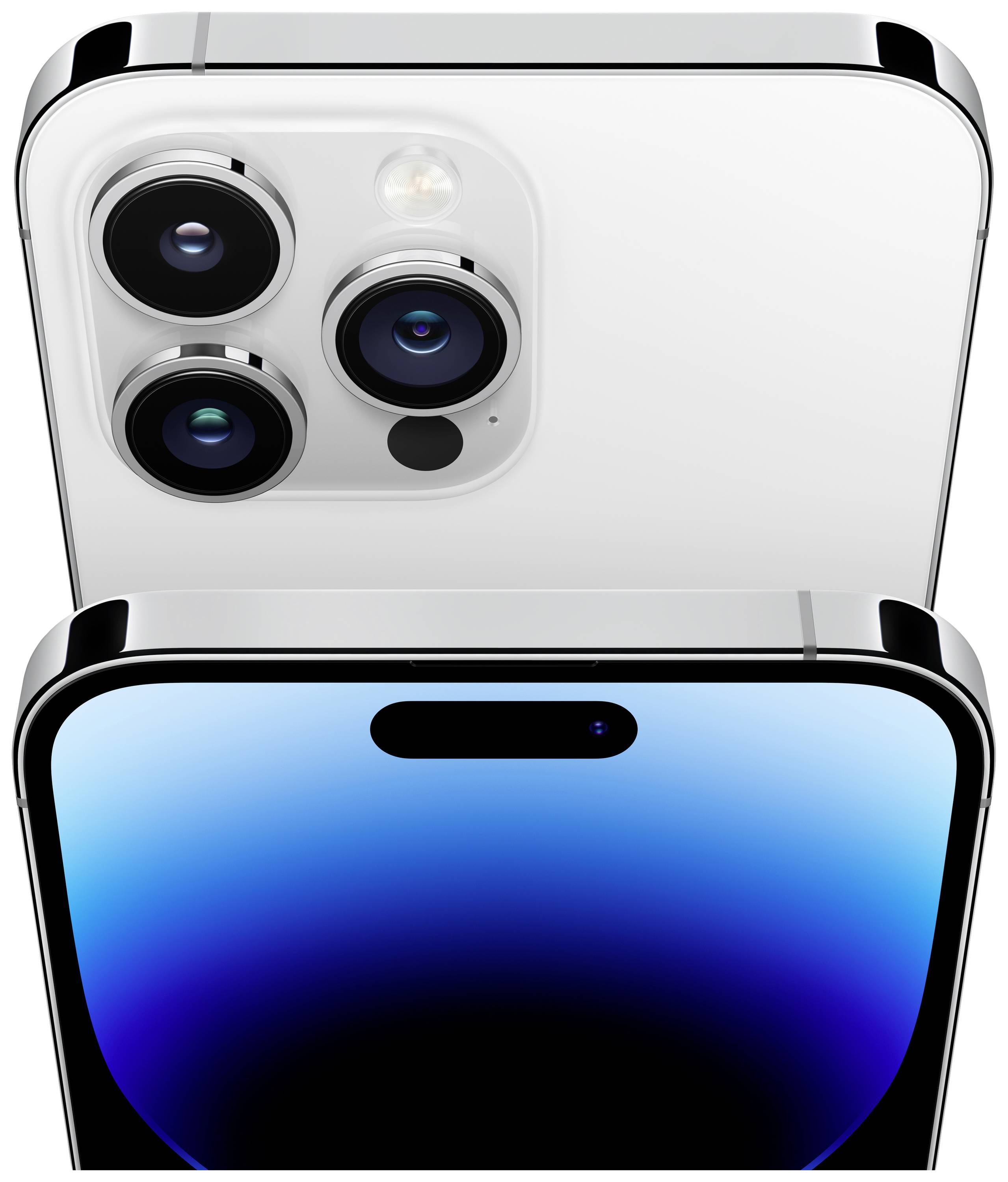 Back and front of a modern smartphone. At the back, three cameras, and at the front, a screen with rounded corners and a notch.